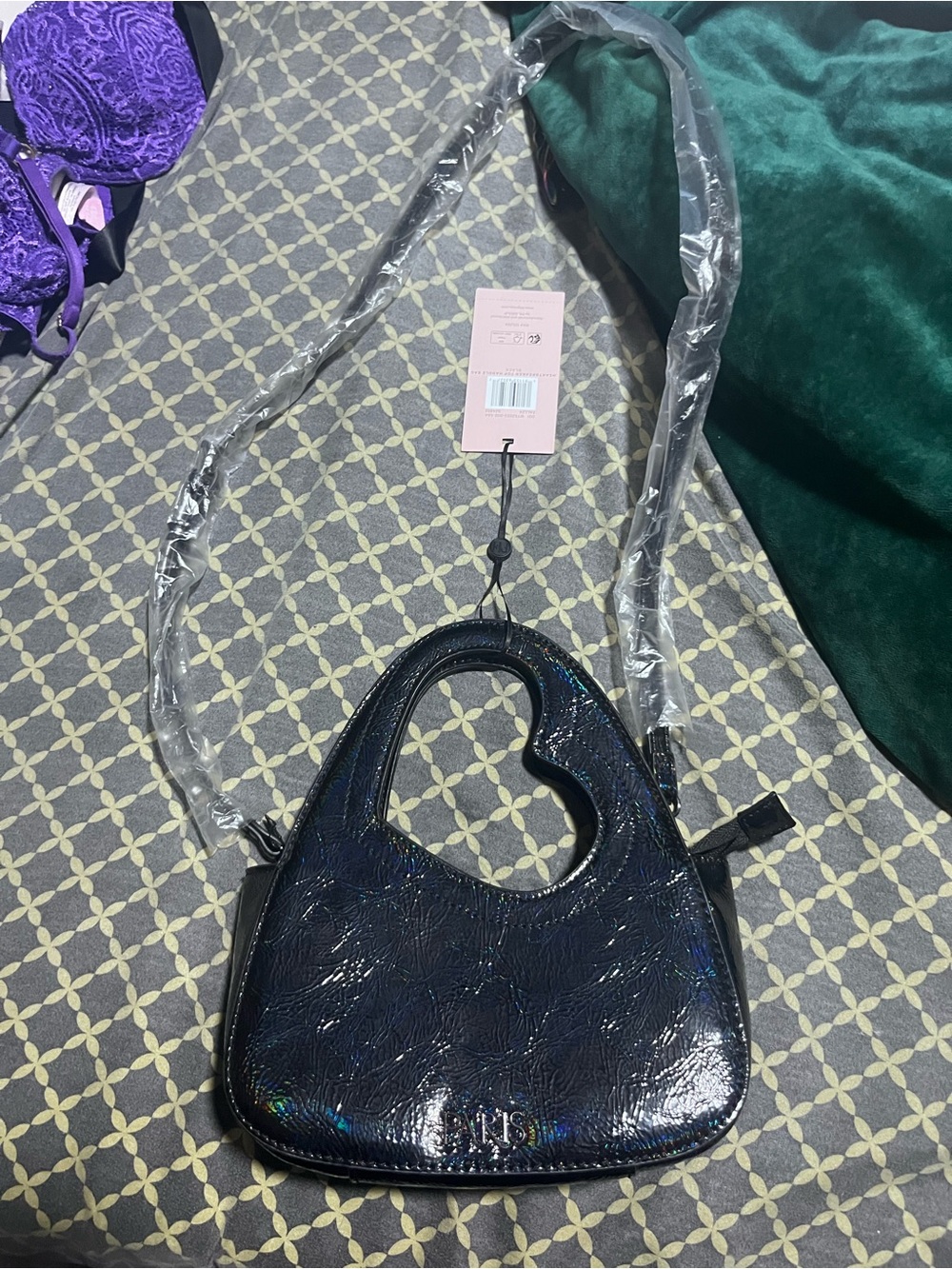 Paris Hilton Iridescent Black Heart-Handle Mini Shoulder Bag